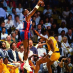 Isiah Thomas shooting a three against the Los Angeles Lakers