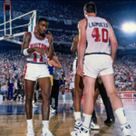 Isiah Thomas and Bill Laimbeer playing at home for the Detroit Pistons