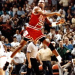 Michael Jordan celebrating a game-winning shot for the Chicago Bulls